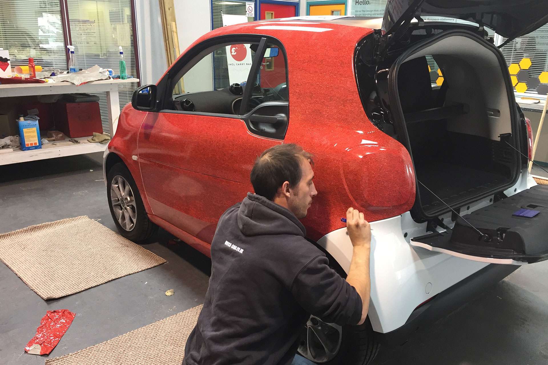 C&H Carpets Smart Car vehicle wrap in highbridge, Somerset